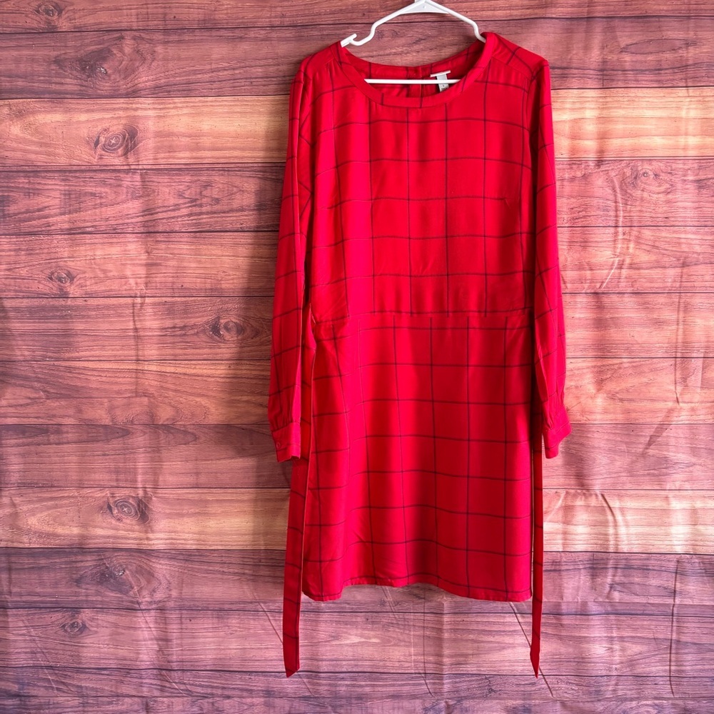 A New Day Red Windowpane Plaid Long Sleeve Tie Waist Dress Womens Large - Picture 2 of 13